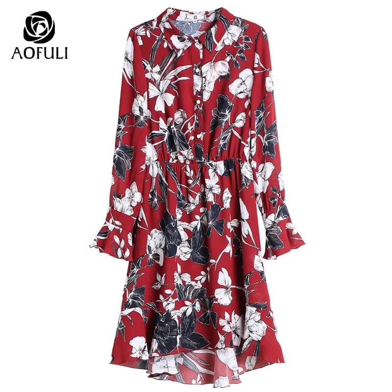 AOFULI flower print women trumpet dress ruffles autumn long sleeve shirt big size party dresses L- XXXL 4XL 5XL A3715 | Женская одежда