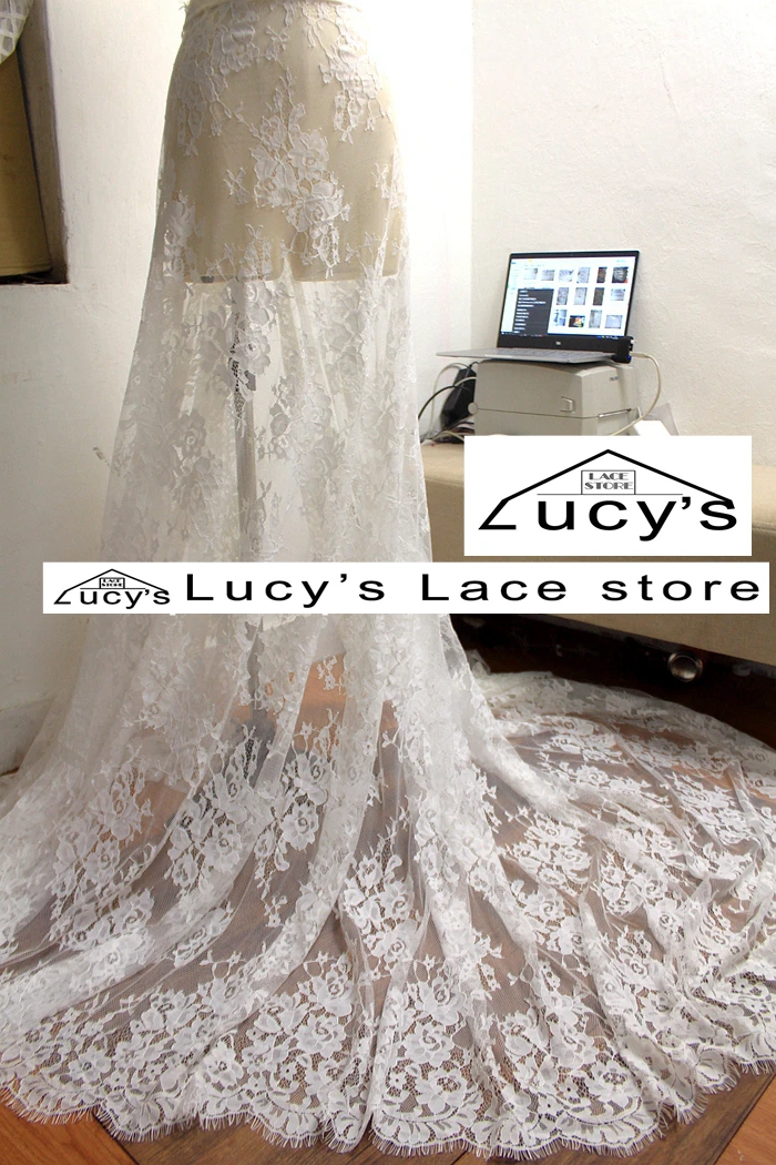 Lucy Lace Boutique 150x300 см/шт. Хорошее качество свадебное платье кружевная ткань с белыми и черными цветами ресницы кружева шантильи
