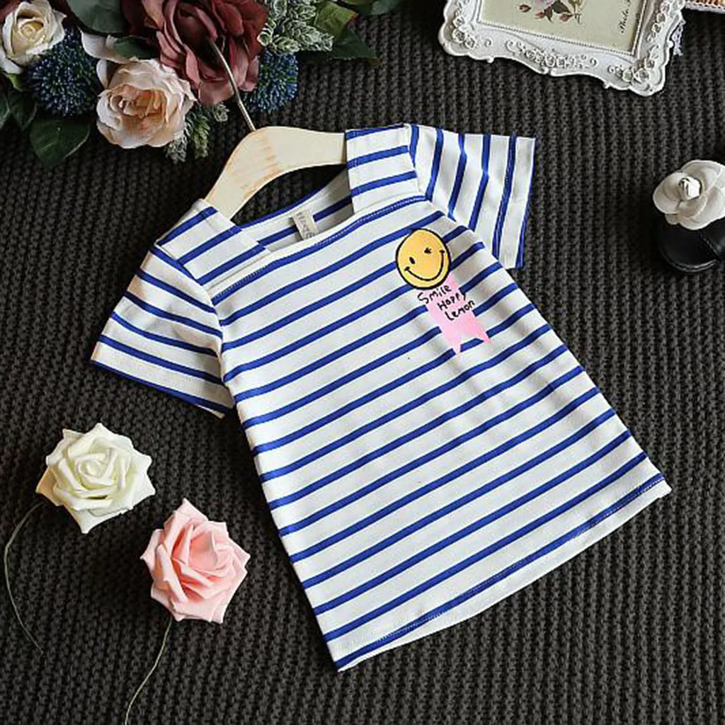 Модная одежда для маленьких девочек футболка в полоску топы с короткими рукавами
