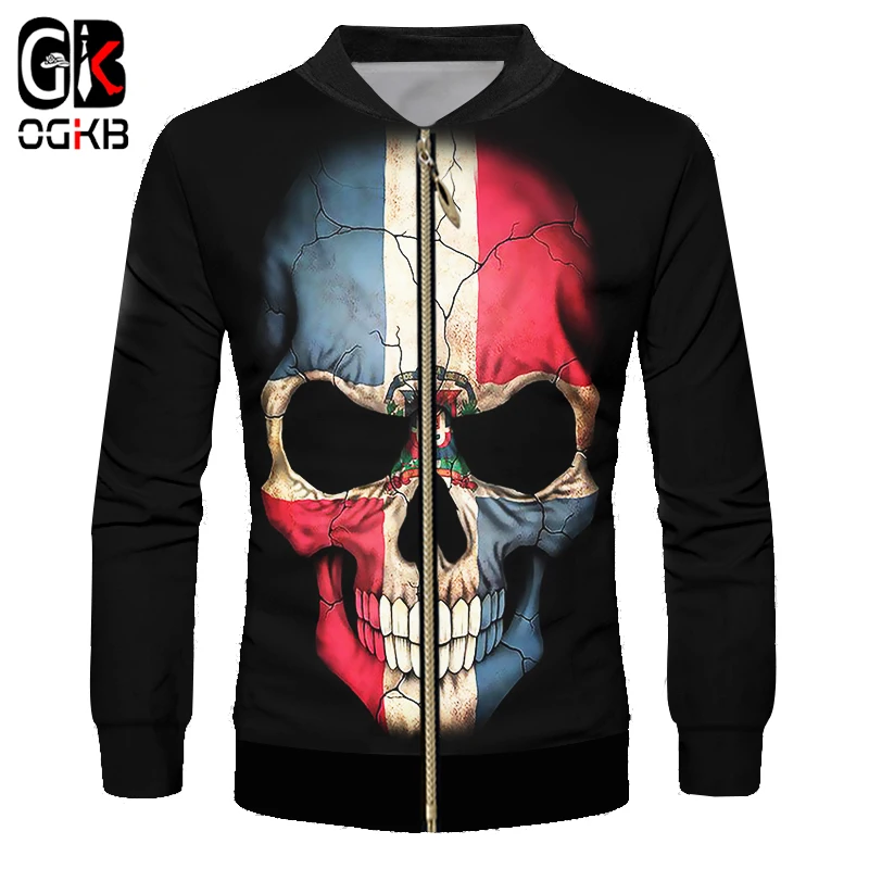 OGKB 3d Cool Printed Flag Skull Black Jacket Man/womens Windbreaker Unisex Classic Retro Hiphop Punk Harajuku Gothic Swearshirt | Мужская