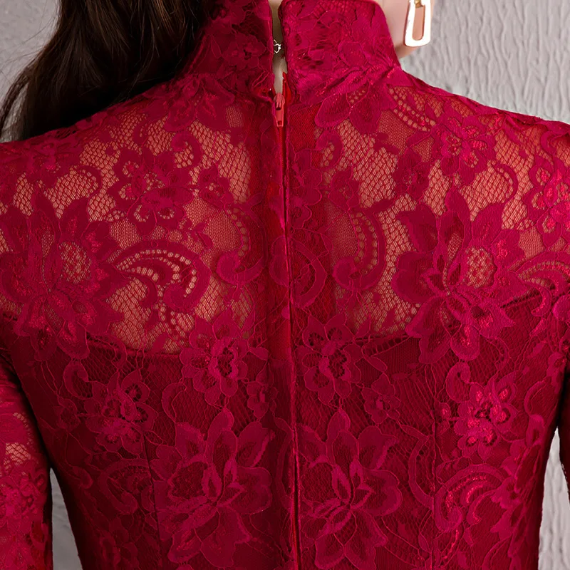 Китайское платье Qipao красное вино вечерние платья новая мода длинное кружевное вечернее платье невесты восточные Свадебные платья Cheongsam