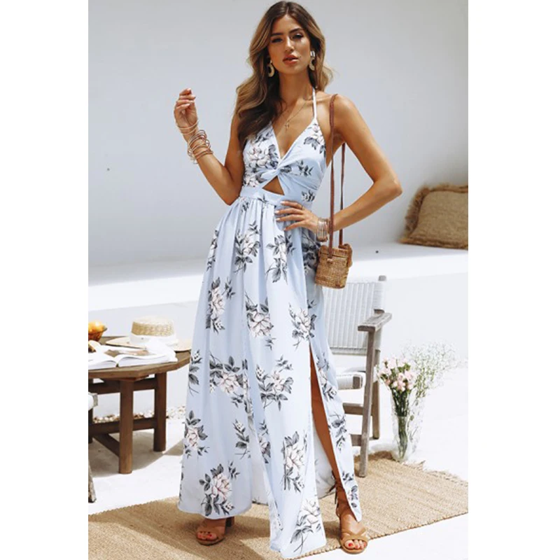 Women Dress Summer Sexy Boho Maxi Long Beach Dresses Sundress Print Floral Halter Vestido V Neck Evening Party Женская одежда