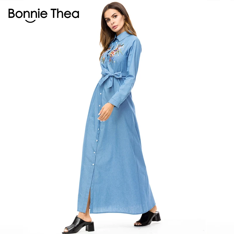 Бонни Thea 2018 женские Осень Denim Вышивка длинное платье женский Кнопка полный рукав