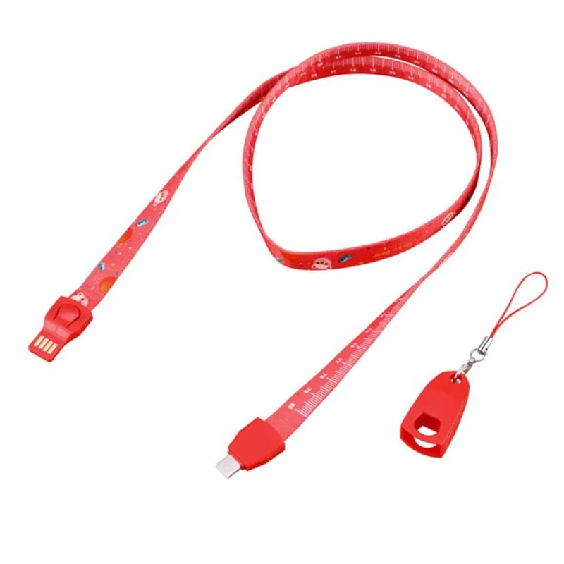 Red for Type C Наружный Портативный usb кабель для зарядки мобильного телефона, мультяшный ремешок на шею, ремешок для телефона, Тип C, микро брелок для iPhone, samsung - Цвет: Red for Type C