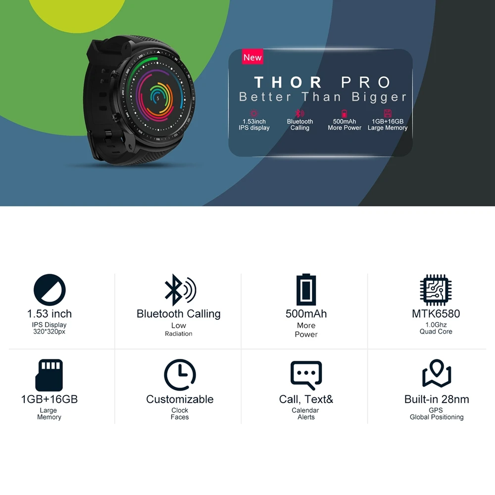 Zeblaze THOR PRO 3G Android Smart Watch 1GB + 16GB GPS Touch Screen WiFi Bluetooth Men's Heart Rate Monitor | Электроника