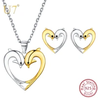 u7 925 sterling silver lovely doule dolphin animal heart jewelry sets wedding bridal gifts pendant necklace earrings set sc283