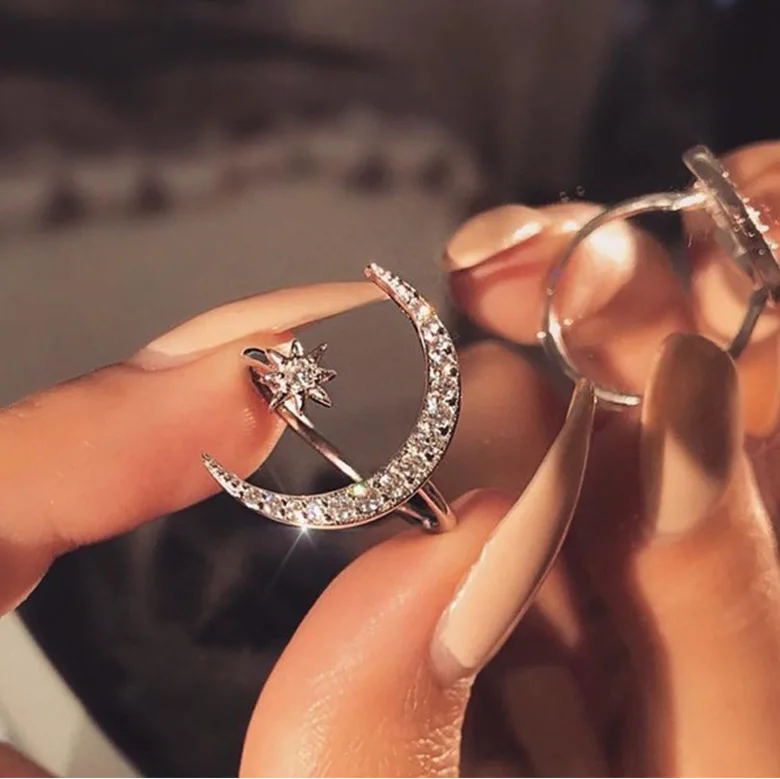 

Rose Gold Color Moon Star CZ Open Ring for Woman Party Finger Jewelry Gift Dropshipping