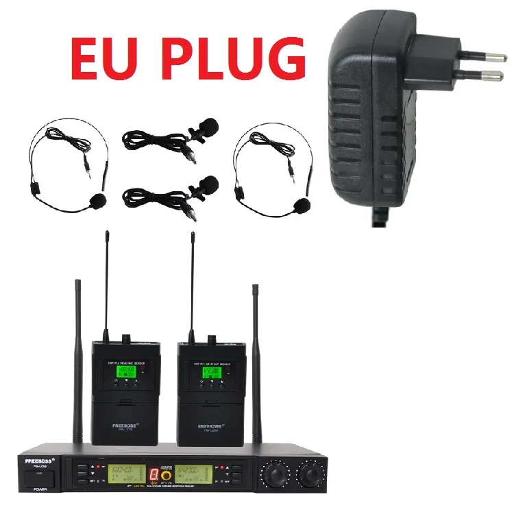 Freeboss FB-U08 2 Way 200 каналов PLL IR UHF беспроводной микрофон 2 ремешки передатчик с гарнитурой и петличный микрофон - Цвет: EU PLUG