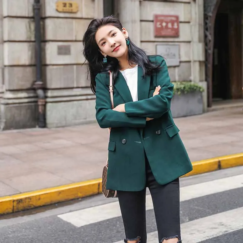 Однотонный женский свободный костюм в британском стиле темно-зеленый пиджак и