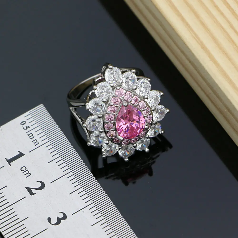 Ring 925 Серебряные наборы ювелирных изделий на заказ натуральный розовый кристалл для женщин серьги/кулон/кольца/браслет/ожерелье набор дропшиппинг - Окраска металла: Ring