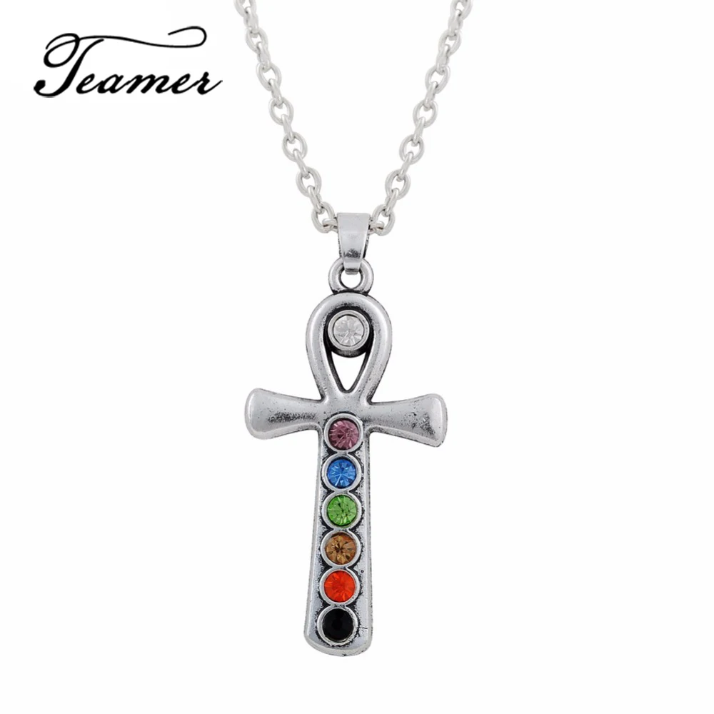 Ретро Кулон Teamer с 7 кристаллами чакра Египетский Анкх кулон-крест ожерелье