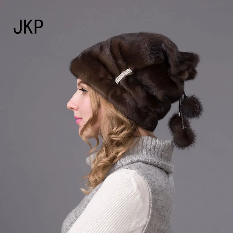 JKP Россия хорошее качество элегантный шапка реального норки шапки для зимних женщин меховая шапка с мехом норки Skullies и шапочки DHY-67