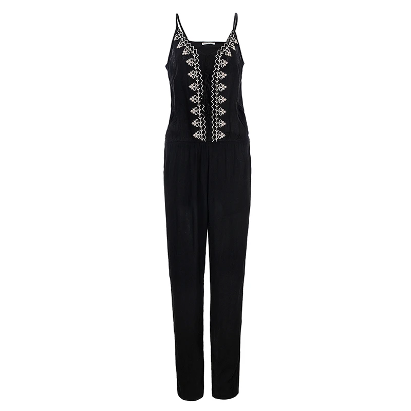Женский Летний комбинезон с вышивкой черный длинный Элегантный без рукавов