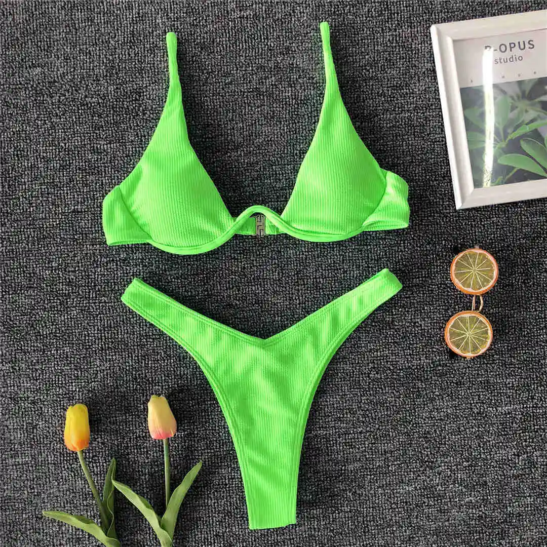 Neon Green V-bar, бикини на косточках,, женский купальник, женский купальник, два предмета, V образный провод, бикини, набор, купальный костюм в рубчик, V1571 - Color: Neon Green