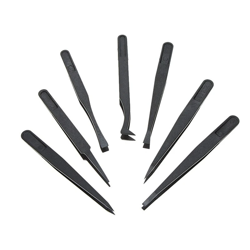 SHGO HOT-7pcs Black Plastic Antistatic Flat Bottomed Top End Tweezers Hand Tools Set | Инструменты