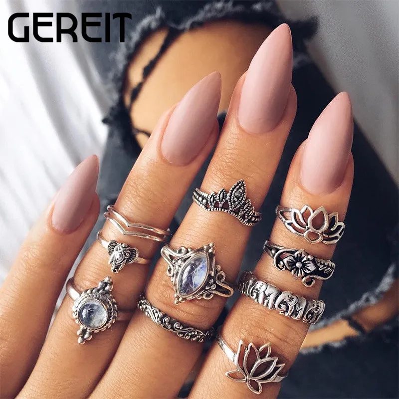 Tibetan Carved Punk 10PCS/Set Rings Vintage Boho Style Flower For Women Jewelry Daily Life Party Midi Hands Accessories | Украшения и
