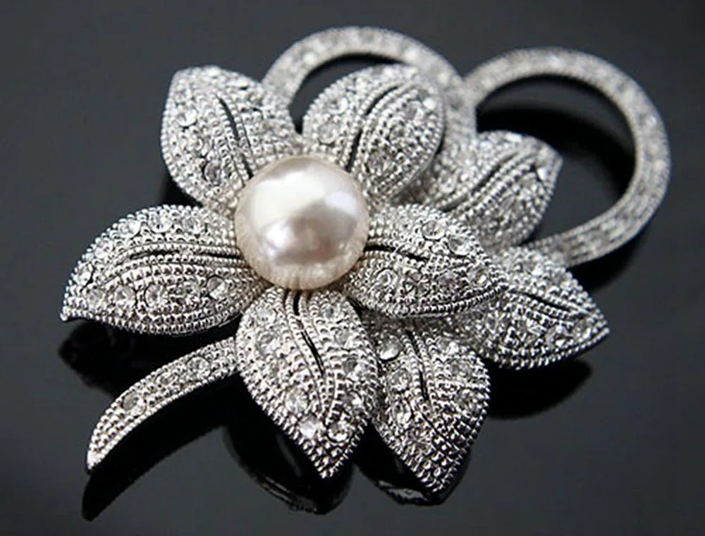 

2 Inch Clear Rhinestone Crystal Diamante Bow Brooch with Pearl Prom Party Jewelry Gifts