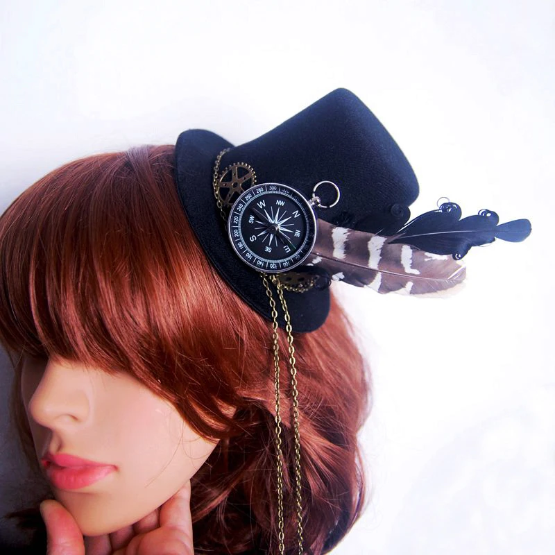 

Retro Women Feather Hairclip Steampunk Mini Top Hat Lolita Cosplay Fedoras Hat Gothic Geer Compass Chain Head Wear Halloween