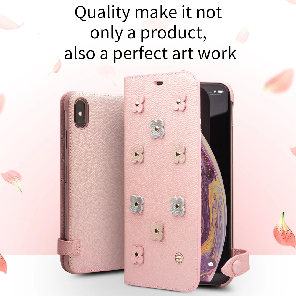 QIALINO, милый розовый чехол из натуральной кожи для телефона iPhone X/XS, милый чехол с откидной крышкой Sakura для девочки или леди, для iPhone XR/XS Max