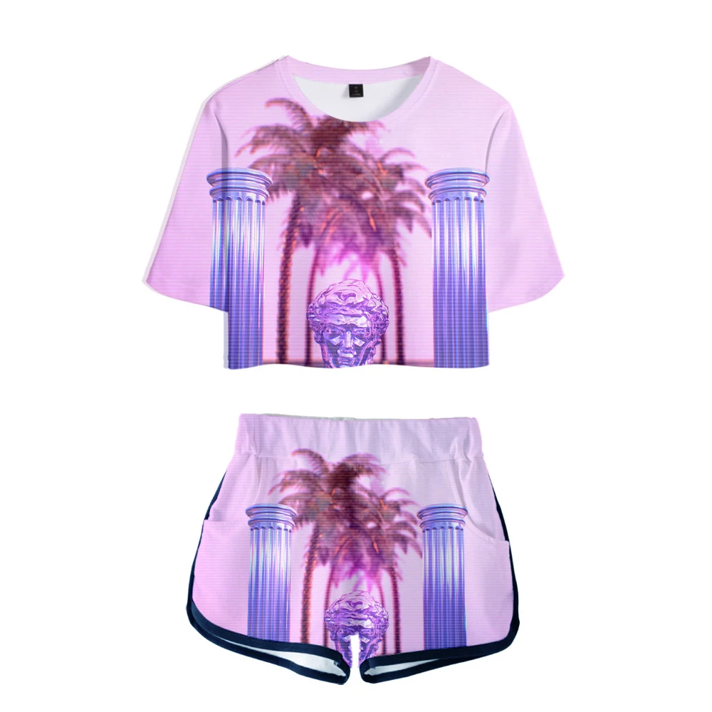 

Vaporwave 3D Printed Women Two Piece Set Fashion Summer Short Sleeve Crop Top+Shorts Hot Sale Casual Streetwear Clothes 2019
