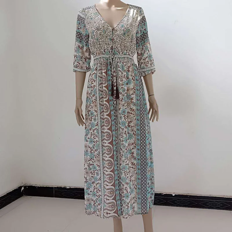 Chiffon Deep V-Neck Long Sleeve Print Patchwork Dress Elastic Waist Tassel Belt Spring Fall Boho Bohemian | Женская одежда