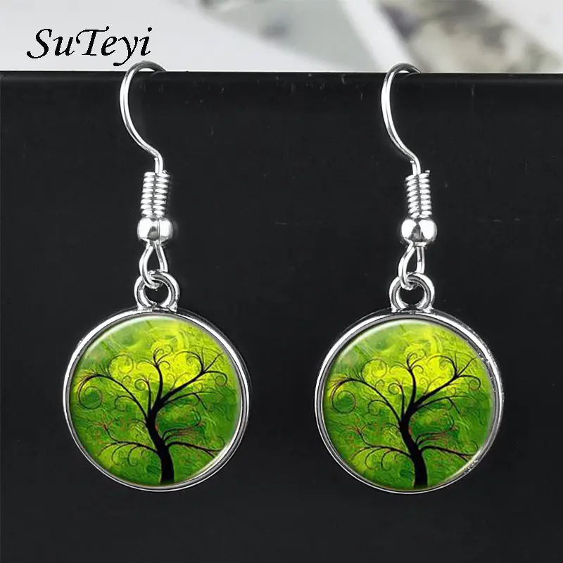 Оптовая Продажа Красочные Древо жизни стекло кабошон серьги-подвески ювелирные