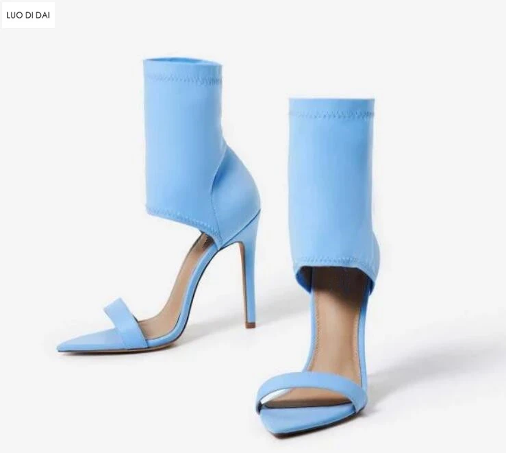 Женские босоножки из лайкры на высоком каблуке с острым носком|Боссоножки и