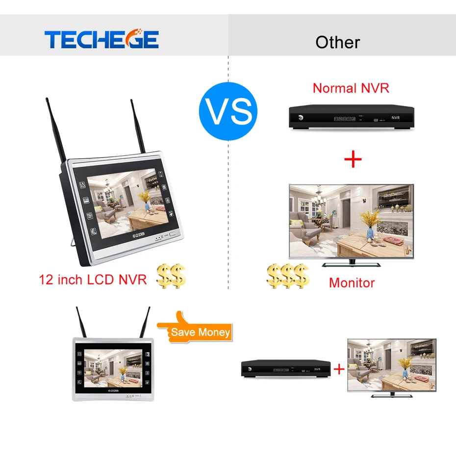 Techege 4CH 1080 P беспроводные наборы NVR 12 дюймов ЖК дисплей Дисплей 2MP HD открытый звук