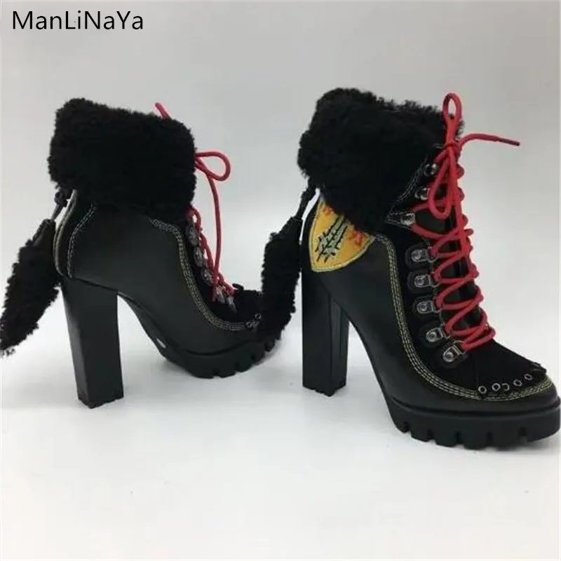 ManLiNaYa/зимние шерстяные ботинки; женские ботильоны с круглым носком на платформе и высоком каблуке; Модные женские кожаные ботильоны