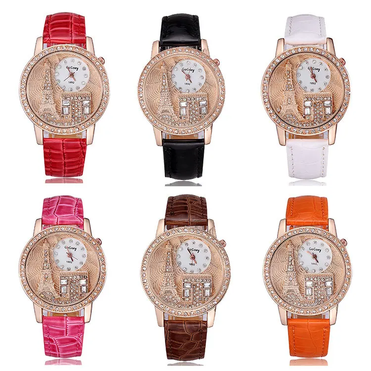 2014 Fashion watch quartz analog alloy Effiel Tower design big case crystal diamonds women leather strap wristwatches | Наручные часы