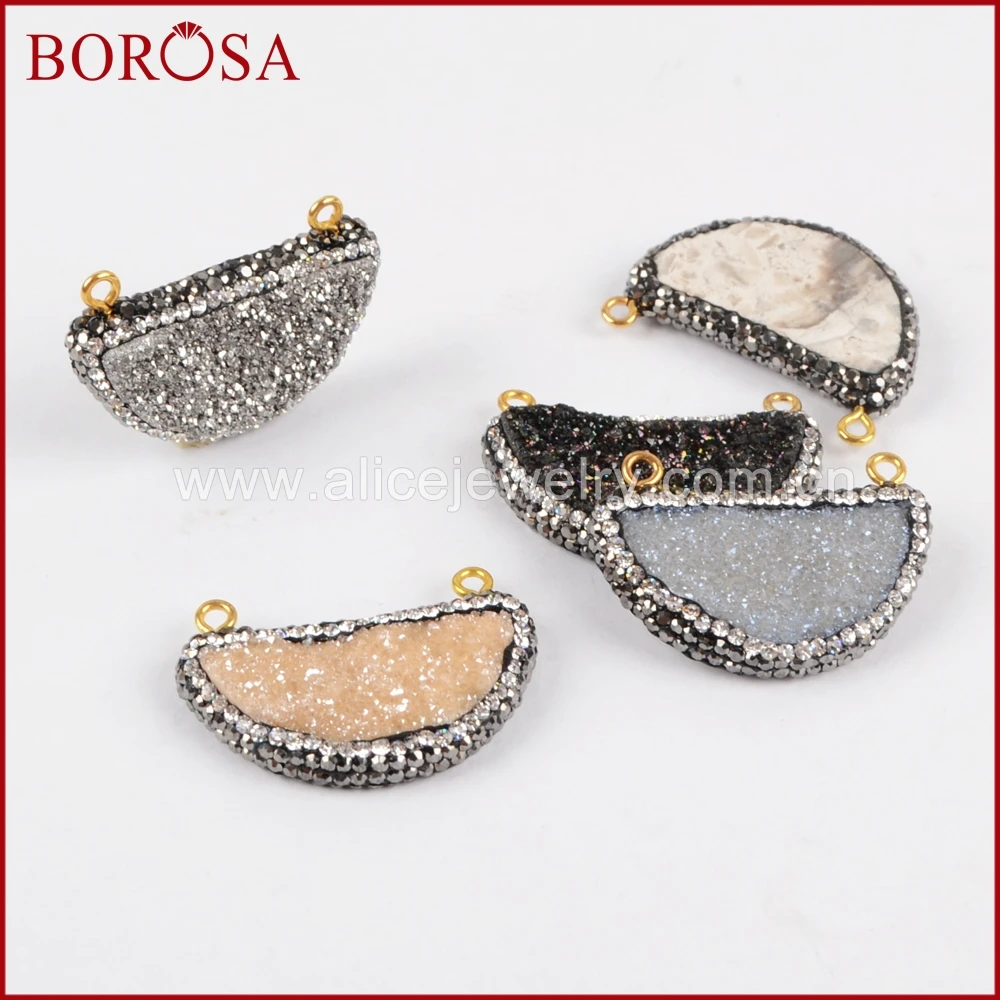 

BOROSA Natural Stone Druzy Titanium Connector Charm Half Moon Drusy Connector Rhinestone Pave Gems Jewelry For Necklace JAB624