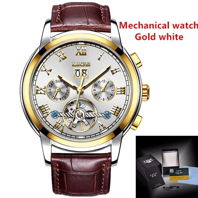 leather gold white LIGE Роскошные брендовые автоматические механические часы, мужские кожаные водонепроницаемые деловые часы, мужские кварцевые часы, мужские часы - Цвет: leather gold white
