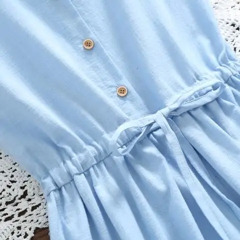 Летнее женское платье Mori Girl однотонное милое из хлопка и льна с коротким рукавом