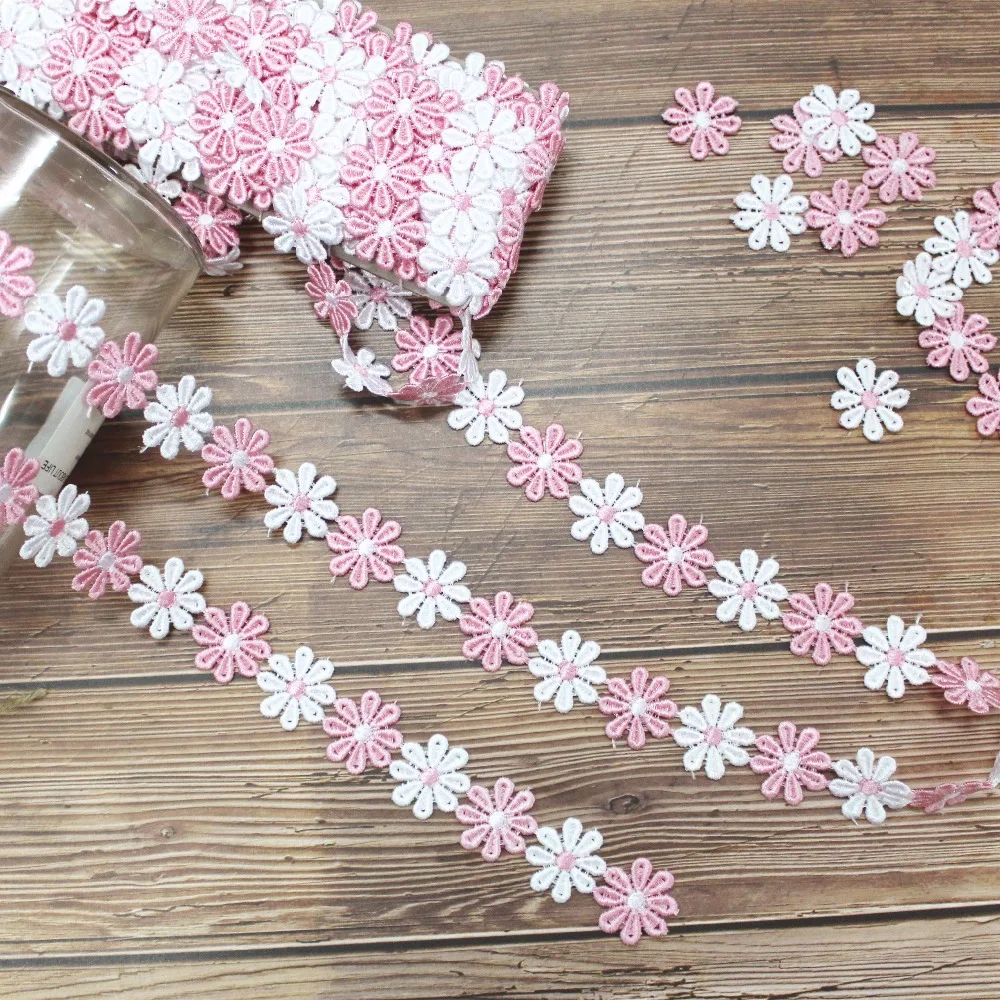 3 ярда розово-белая Красивая хлопковая кружевная ткань с подсолнухами аппликация