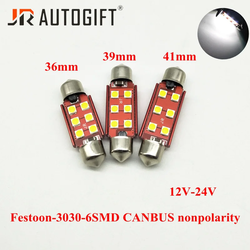 

100PCS Spuer Bright 12V-24V Dome Canbus Festoon 36/39/41mm C5W 3030 Chip 6SMD Canbus car license plate Interior Reading Bulb