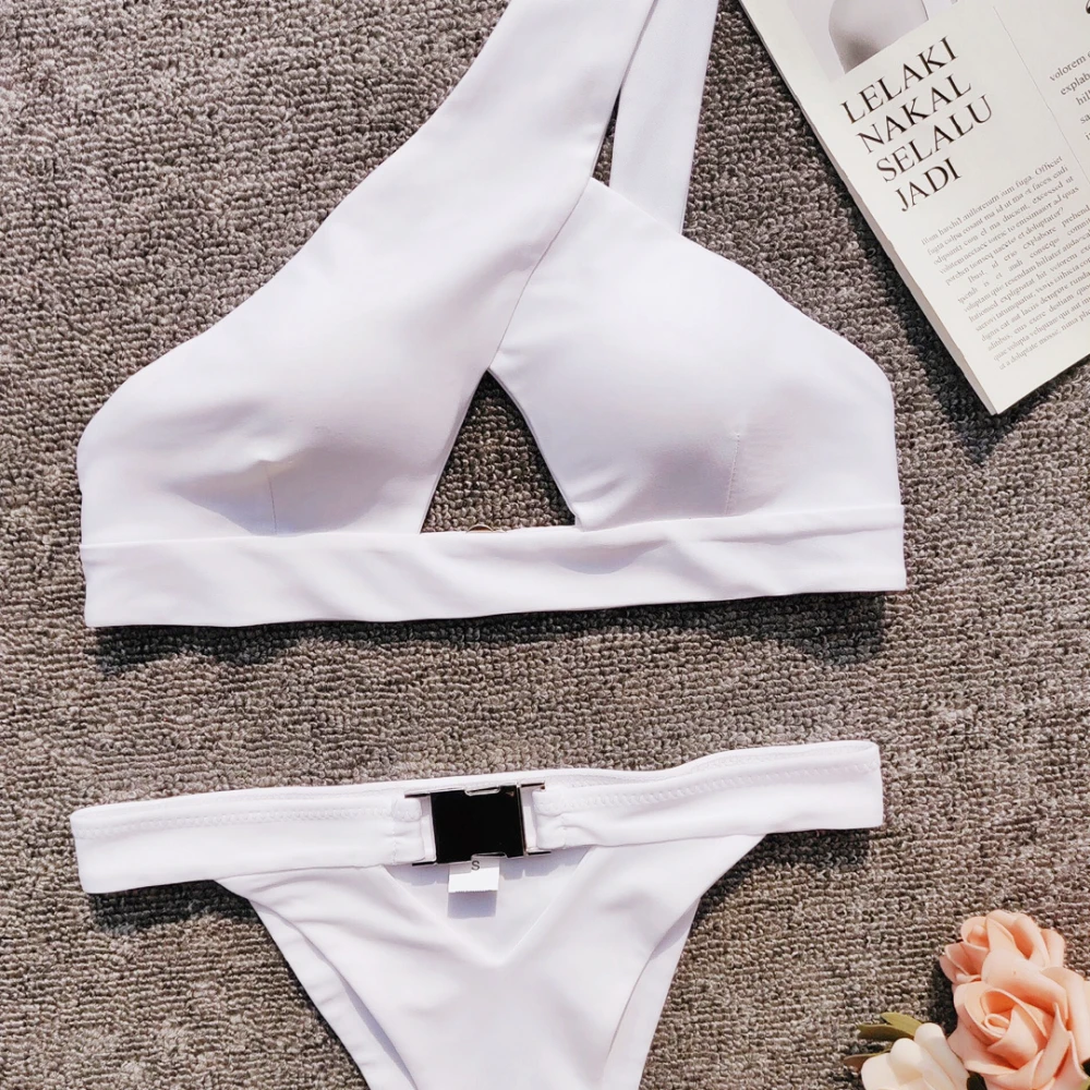 

Bikini Solid one-shoulder swimwear women bathers Buckle Hollow Two-piece set swimsuit 2019 new sexy High waist bathing suit