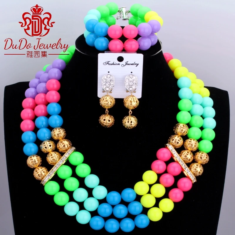 2017 Splendid смешивания разноцветными шариками африканских Ювелирные наборы 3 слоя в