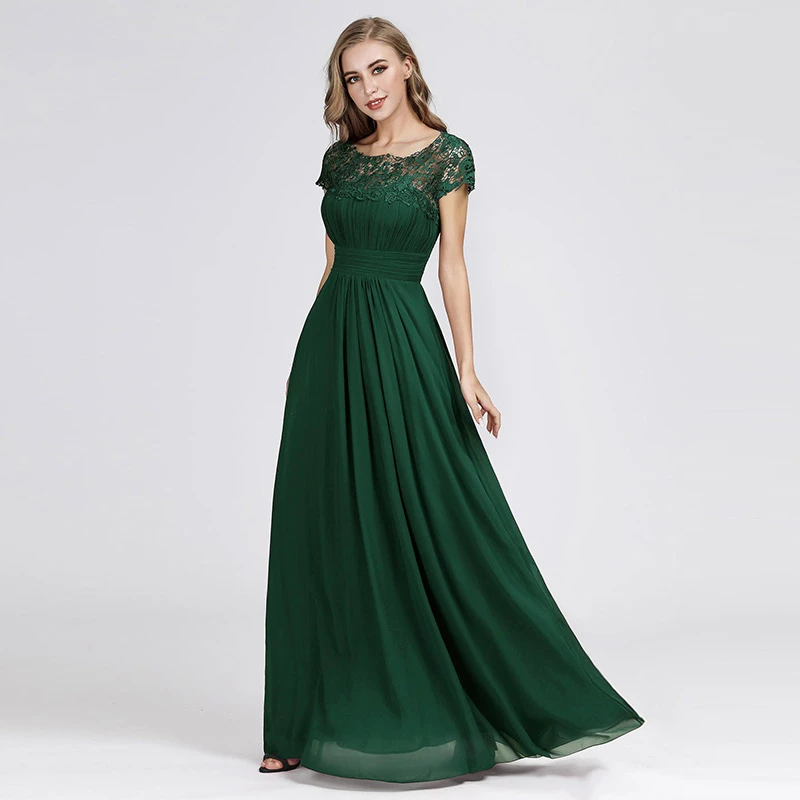 Dark Green Длинные вечерние платья большого размера, элегантные и дешевые вечерние платья с вкладками из плиссированного шифона, кружевные вечерние платья с открытой спиной EB23999 - Цвет: Dark Green