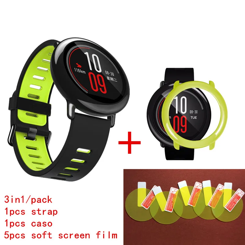 3в1 Huami Amazfit Stratos 2 силиконовый ремешок 22 мм+ TPU caso+ 5 шт. мягкая пленка для экрана для xiaomi Huami Amazfit Pace ремешок для часов - Цвет: green plus Yellow