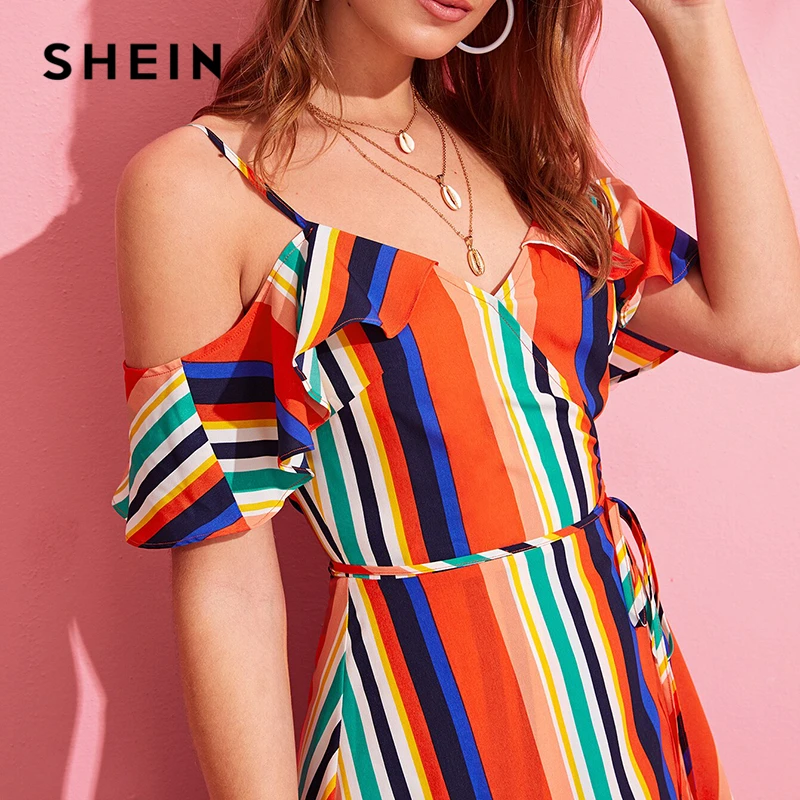 SHEIN летнее платье с открытыми плечами и поясом в радужную полоску, женское платье на бретельках с v-образным вырезом, облегающее и расклешенное платье с высокой талией в стиле бохо