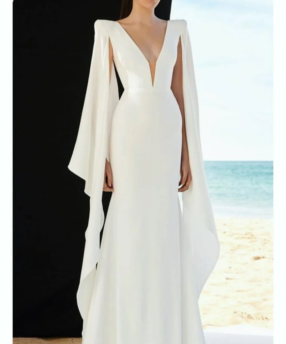 

Sexy Deep V-Neck White Women Evening Dress Elegant Long Sleeve Sweep Train Fromal Party Dresses Robe De Soiree
