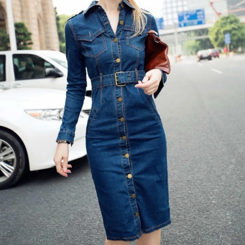 

Bodycon Sexy Jeans Pencil Dress Female 2021 Spring OL Single Breasted Plus Size 4XL Sashes Denim Women Dresses Elegant QH252