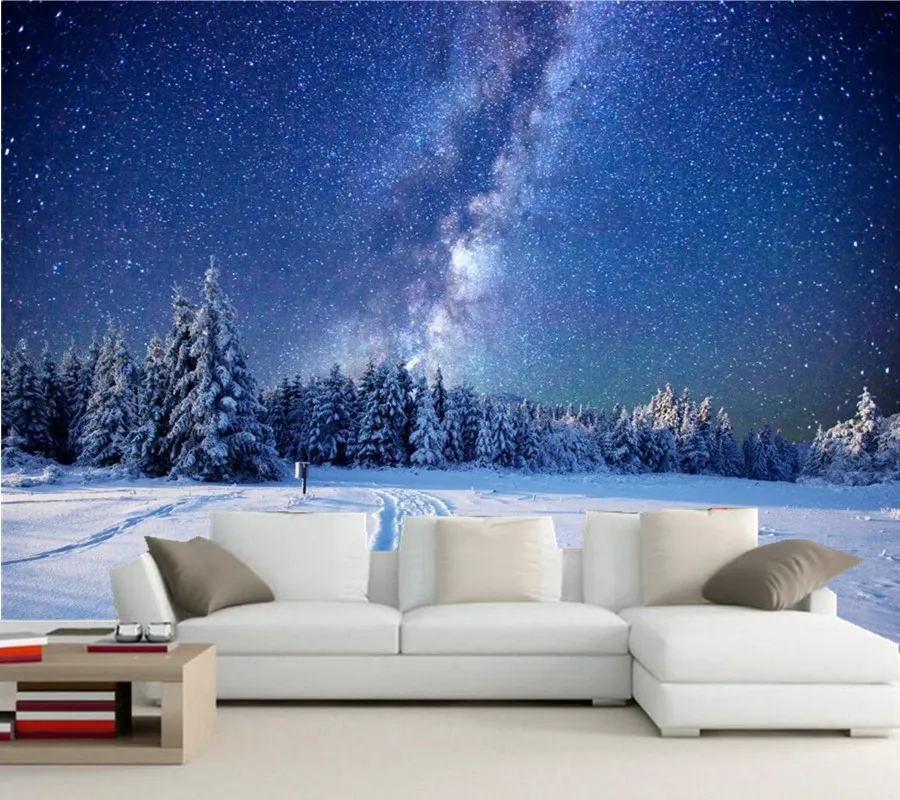 

Custom 3d mural,Winter Forests Sky Stars Snow Fir Night Nature wallpapers,living room TV sofa background bedroom papel de parede