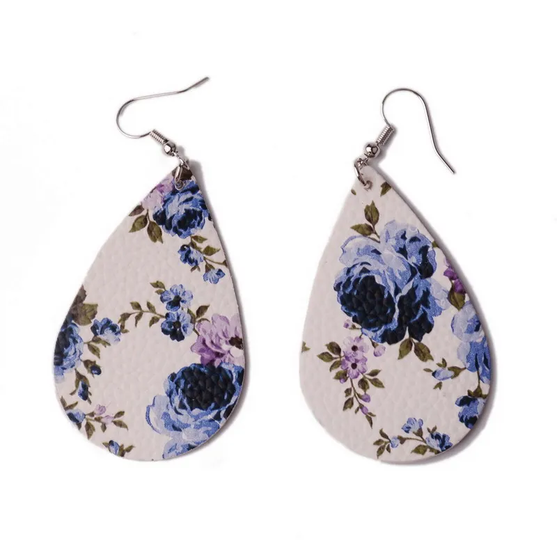 Летние Дизайнерские Длинные серьги в форме слезы из кожи с цветочным принтом для