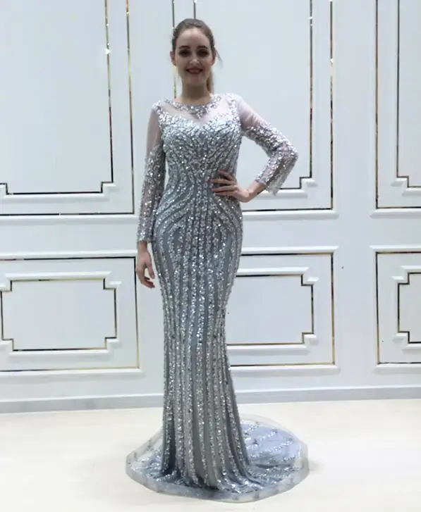 Халат De Soiree блесток роскошное Русалка вечернее платье одежда с длинным рукавом с украшением в виде кристаллов Для женщин Арабский Формальные вечерние платье Настоящее фото - Цвет: Серебристый