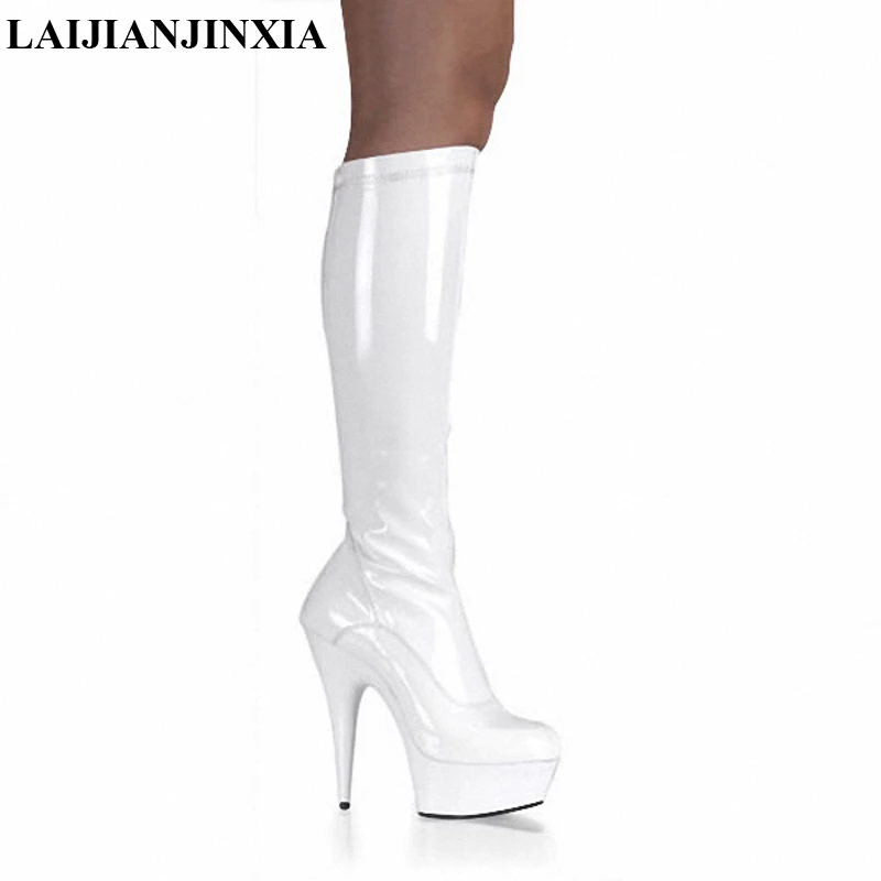 LAIJIANJINXIA Patent Stylish 15cm Platforms High Heel Shoes, Pole Dance Shoes/ Model Shoes Mid Bootie Sexy Knee-High Boots B-057