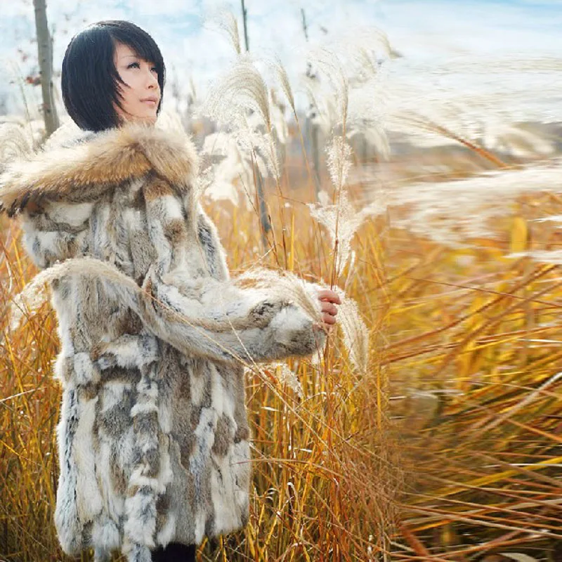 Новое поступление Женское пальто из натурального кроличьего меха с капюшоном
