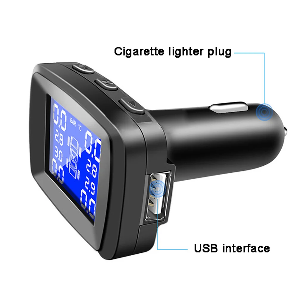 Car Tire Pressure Monitoring System Cigarette Lighter Plug TPMS LCD Display Waterproof 4 External Internal Sensors USB Charging |