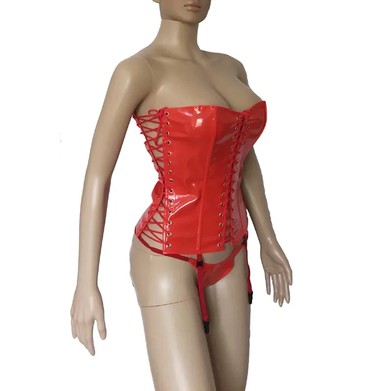 

Sexy Women Red PVC Vinyl Bustier Corset Patent Leather Front Lace Up Strapless Top with Suspender Belt Fetish Mistress Costume