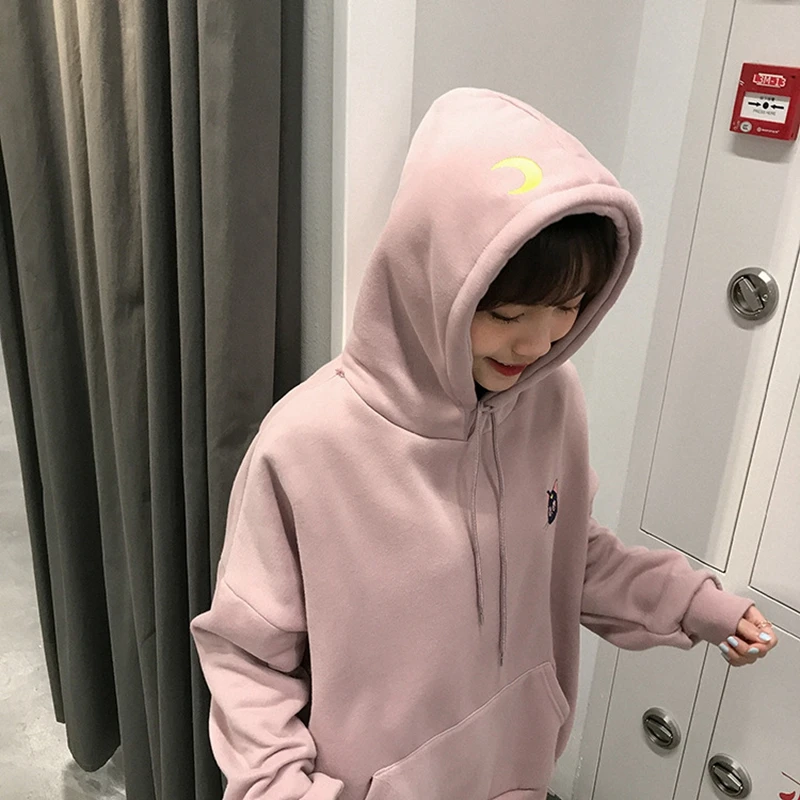 Сейлор Мун Луна кошка вышивка Толстовка Женская толстовка с капюшоном Kawaii Подростковая девушка студенческий Повседневный пуловер Осень Зима Топы